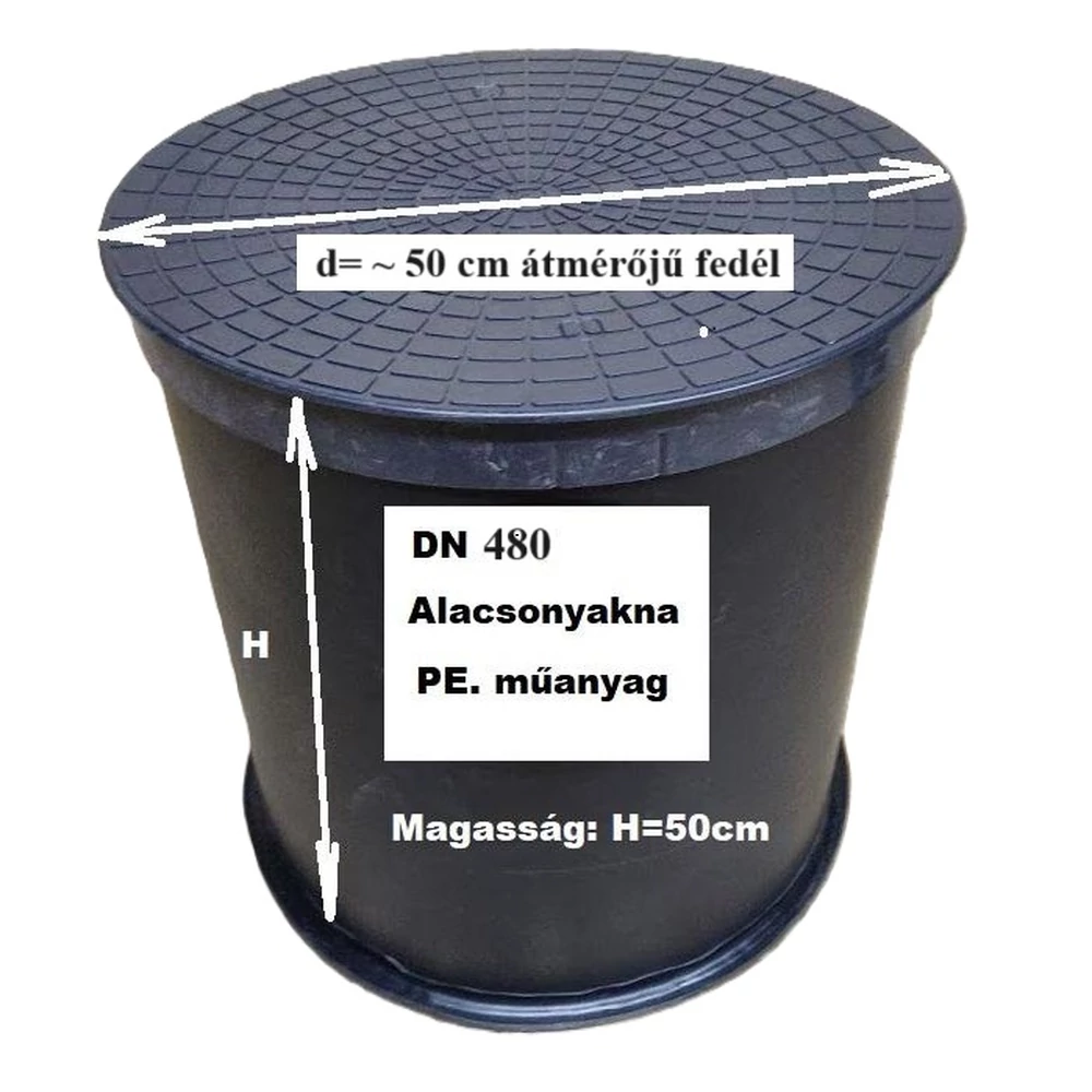 DN 480 PE. műanyag alacsony akna lépésálló tetővel;